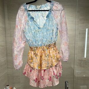 LoveShackFancy Pastel Floral Tiered Mini Dress in Blue, Pink, Yellow
